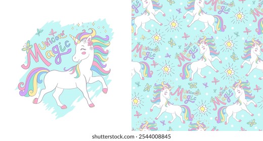Niedliches magisches Einhorn mit Schriftzug. Zeichen einzeln und nahtloses Muster. Vektorgrafik. Karte und Hintergrund mit Einhorn. Für Bekleidungsdesign, Stoffe, Druck, Dekoration, Leinen, Geschirr