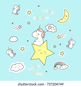 cute magic with unicorn on blue background