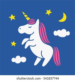 Cute magic unicorn on night sky with clouds, moon and stars vector illustration, poster, greeting card