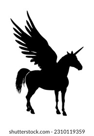 Cute magic Unicorn Pegasus vector silhouette isolated on white background. Pegasus silhouette, majestic mythical Greek winged horse.  Mythology flying Horse from dream. Freedom symbol. Unicorn shape.