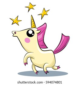Cute magic unicorn with pink hair and stars. Vector cartoon illustration isolated on white background.