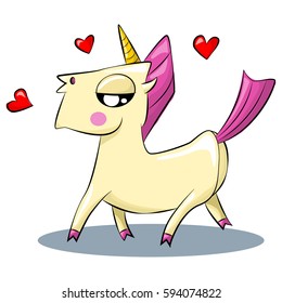 Cute magic unicorn with pink hair and hearts. Vector cartoon illustration isolated on white background.