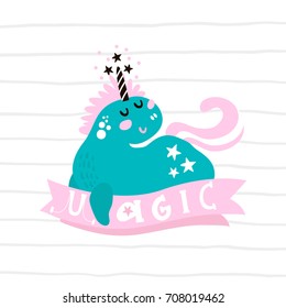 Cute magic unicorn print. Ready childish label,banner, cards, stickers, poster for kids and baby products.Vector illustration