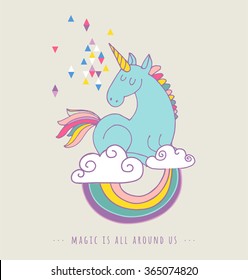 cute magic unicorn and rainbow poster, greeting card