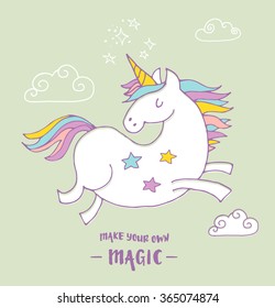 cute magic unicorn and rainbow poster, greeting card