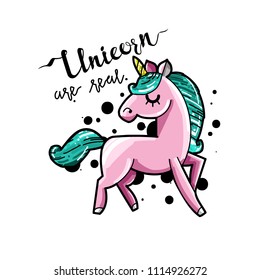 Cute magic unicorn. Romantic card with unicorn. Hand drawn vector retro style illustration.