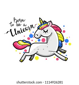 Cute magic unicorn. Romantic card with unicorn. Hand drawn vector retro style illustration.