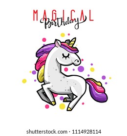 Cute magic unicorn. Romantic card with unicorn. Hand drawn vector rector style illustration.