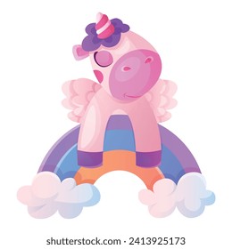 Cute magic unicorn sitting on rainbow with twisted horn, mane. Pony fairy tale fictional character. Baby pegasus, funny small unicorns. Wonderland fairytale mascot, magical creature dream horse