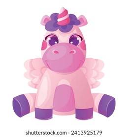 Cute magic unicorn sitting with twisted horn, mane. Pony fairy tale and fictional character. Baby rainbow pegasus, funny small unicorns. Wonderland, fairytale mascot, magical creature, dream horse 