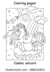 Cute magic unicorn standing on the cloud in the night sky. Coloring book page. Vector cartoon illustration isolated on white background. For coloring book, preschool education, print and game.