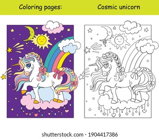 Cute magic unicorn standing on the cloud in the night sky. Coloring book page wih colored template. Vector cartoon illustration isolated on white. For coloring book, preschool education, print, game