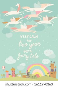 Cute magic unicorns flying above little town