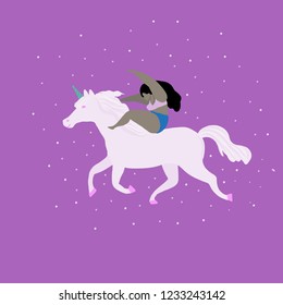Cute magic Unicorns with girl on a stars background. Vector  Romantic hand drawing illustration