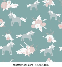 Cute magic Unicorns on a floral background. Seamless pattern