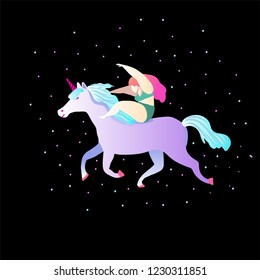 Cute magic Unicorns on a floral background. Vector  Romantic hand drawing illustration