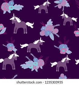 Cute magic Unicorns on a floral background. Seamless pattern
