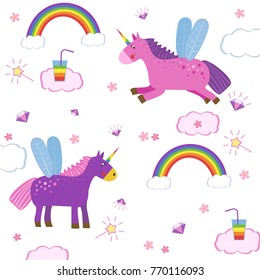 Cute magic with unicorns and rainbows, a child's drawing.