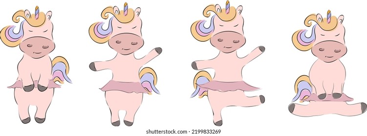 Cute Magic Unicorns Set. Baby Unicorn Illustration, Little Fairytale Animals, Ballet Pony Horse Clipart, Vector Pink Ballerina Characters In Dance Pose For Girls