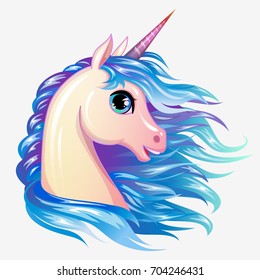 Cute magic vector unicorn character. Magic pony girl head isolated icon