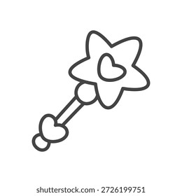Lindo icono de varita mágica. Ilustración de doodle monocromo de varita mágica corta coronada con una estrella y Pequeño detalle de corazón. Pegatina Kawaii. Vector 10 EPS.