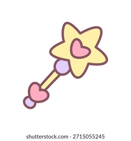 Lindo icono de varita mágica. Varita mágica corta rematada con una estrella y Pequeño detalle de corazón, accesorio de fantasía en tonos suaves. Pegatina Kawaii. Vector 10 EPS.