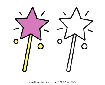 Varinha mágica bonito com estrela em versões coloridas e contornos. Ilustração lúdica simples perfeita para projetos infantis, temas de fadas, adesivos, páginas de coloração e projetos gráficos divertidos.