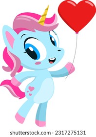 Cute Magical Baby Unicorn Cartoon Character Holding Up A Heart Balloon. Vector Illustration Flat Design Isolated On Transparent Background