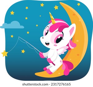 Cute Magical Baby Unicorn Cartoon Character On Moon Catch Stars. Vector Illustration Flat Design Isolated On Transparent Background