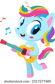 Cute Magical Baby Unicorn Cartoon Character Sings and Plays Guitar. Vector Illustration Flat Design Isolated On Transparent Background