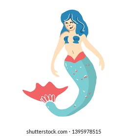 Cute magical blue mermaid cartoon vector illustration motif set. Hand drawn isolated marine mythology elements clipart for nautical blog, underwater graphic.