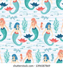 Cute magical blue mermaid seamless pattern. Hand drawn cartoon vector illustration. Magical fantasy under the sea animals on stripes. Nautical beach textiles, kids fun sealife fashion all over prints.