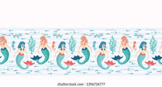  Cute magical blue mermaid seamless pattern. Hand drawn cartoon vector illustration. Magical fantasy under the sea animals on stripes. Nautical beach textiles, kids fun sealife fashion all over prints