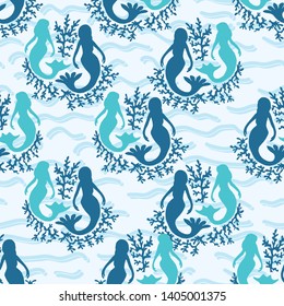 Cute magical blue mermaid seamless pattern. Hand drawn cartoon vector illustration. Magical fantasy under the sea animals on stripes. Nautical beach textiles, kids fun sealife fashion all over prints.