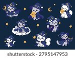 Cute Magical Cat Characters with Wizard Hats