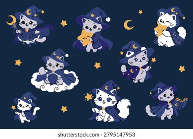 Cute Magical Cat Characters with Wizard Hats