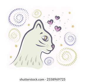 Cute magical cat in profile, swirls, spirals, hearts and stars in the sky on a background, light colorful vector illustration, post-impressionist art inspired by swirling strokes and color contrasts