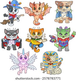 cute magical cats, funny vector images set