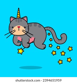 Cute magical character of fat flying cat. Cartoon vector illustration. Magic wand and stars. Vector illustration