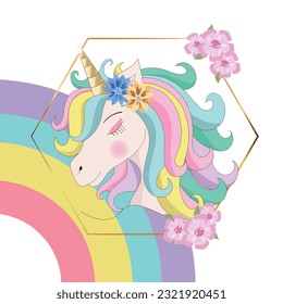 Cute magical colorful unicorn with frame, raibow  and flowers. Vector illustration.EPS10