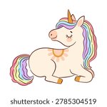Cute magical cream unicorn lying down with pastel rainbow mane, golden horn, and closed eyes. Whimsical flat vector illustration for kids nursery decor, baby shower invitations, and stickers.