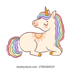 Cute magical cream unicorn lying down with pastel rainbow mane, golden horn, and closed eyes. Whimsical flat vector illustration for kids nursery decor, baby shower invitations, and stickers.