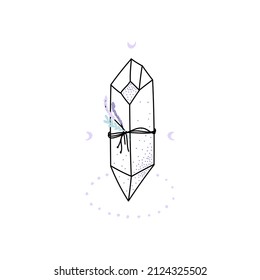 Cute magical crystal vector freehand drawing. With attached lavender flowers. Isolated on white.