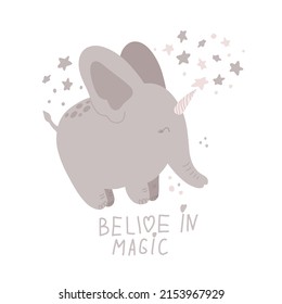 Cute Magical Elephant Vector Illustration On White Background. Kids Clipart For Print, Poster, Sublimation, Baby Shower, Birthday Greeting Card