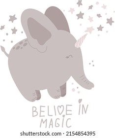 Cute Magical Elephant Vector Illustration On White Background. Kids Clipart For Print, Poster, Sublimation, Baby Shower, Birthday Greeting Card