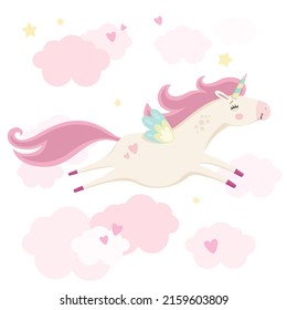 Cute magical flying unicorn in pink clouds. Little princess theme. Vector hand drawn illustration.Great for kids party, greeting cards, invitation, print for apparel