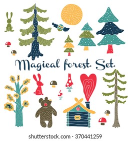 Cute magical forest. Set. Kids illustration.