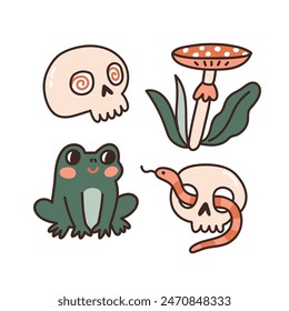 Cute magical forest sticket set in cartoon style. Funny mystical characters -  frog, mushroom and skulls. Fantasy Halloween design elements. Anime vector clip art.