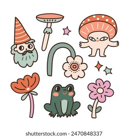 Cute magical forest sticket set in cartoon style. Funny mystical characters - gnome, frog, mushroom and flowers. Fantasy design elements. Anime vector clip art.