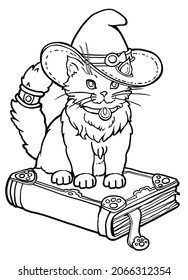 Cute magical kitten in a witch hat, attentively looks into the camera with his round eyes, He is sitting on a magic book with the symbolism of paws, 2d line art